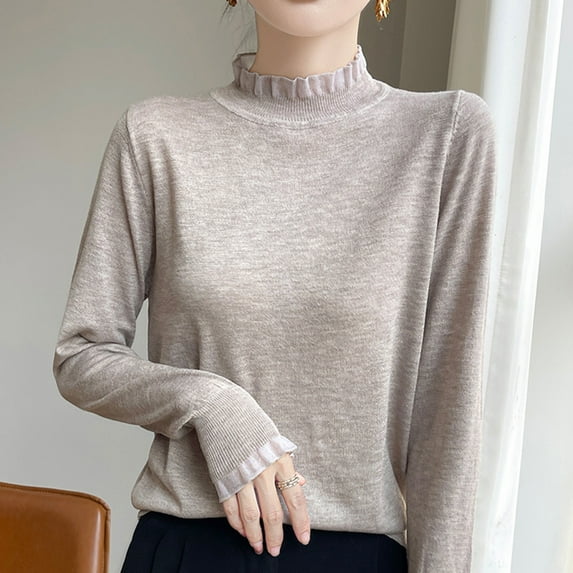 QUNYINEY Pullover Sweaters for Women 2024 Knit Yellow Mock Neck Solid Tops Long Sleeve Casual Regular Ruffle Sweaters