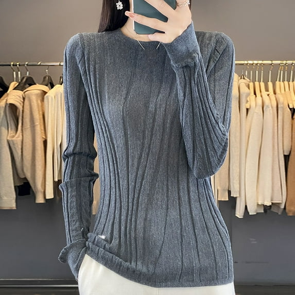 QUNYINEY Pullover Sweaters for Women 2024 Ribbed Knit Gray Crew Neck Solid Tops Long Sleeve Slim Casual Sweaters