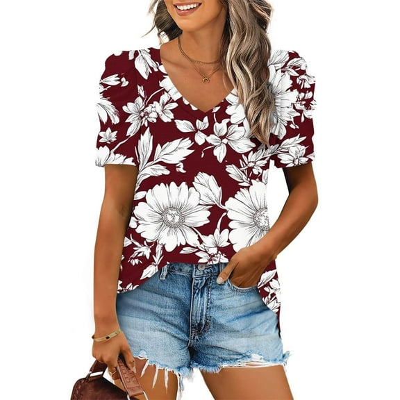 QUNYINEY Pullover Tee Shirts Womens Crew Neck Casual Puff Short Sleeve Floral Tops Loose Spring Tops for Women