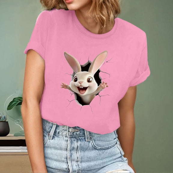 QUNYINEY Pullover Tee Shirts Womens Crew Neck Short Sleeve Easter Casual Tops Loose Tops for Women Trendy