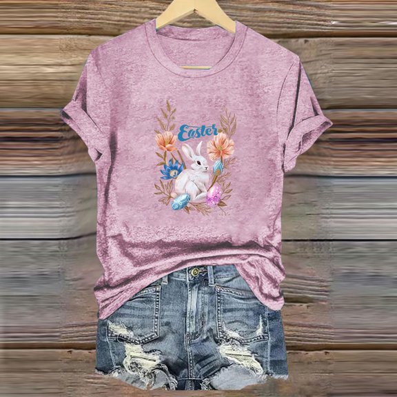 QUNYINEY Pullover Tee Shirts Womens Crew Neck Short Sleeve Easter Casual Tops Loose Women's Tops