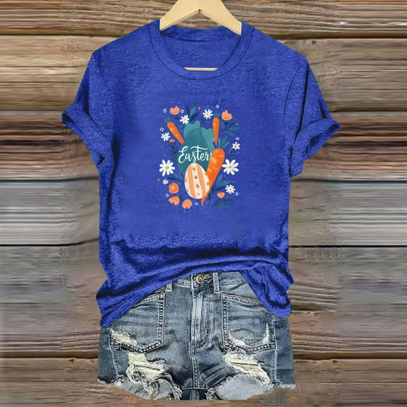 QUNYINEY Pullover Tee Shirts Womens Easter Short Sleeve Crew Neck Casual Tops Loose Tops for Women Trendy