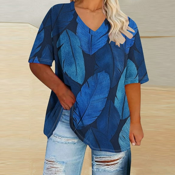 QUNYINEY Pullover Tee Shirts Womens Feather Casual Short Sleeve V Neck Tops Plus Size Loose Spring Tops for Women