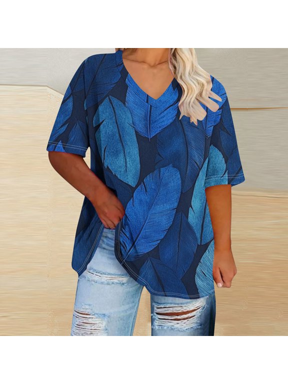 Pullover Tee Shirts Womens Feather Casual Short Sleeve V Neck Tops Plus Size Loose Spring Tops for Women
