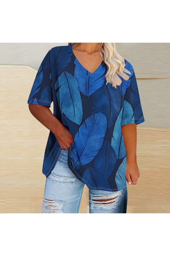 Pullover Tee Shirts Womens Feather Casual Short Sleeve V Neck Tops Plus Size Loose Spring Tops for Women