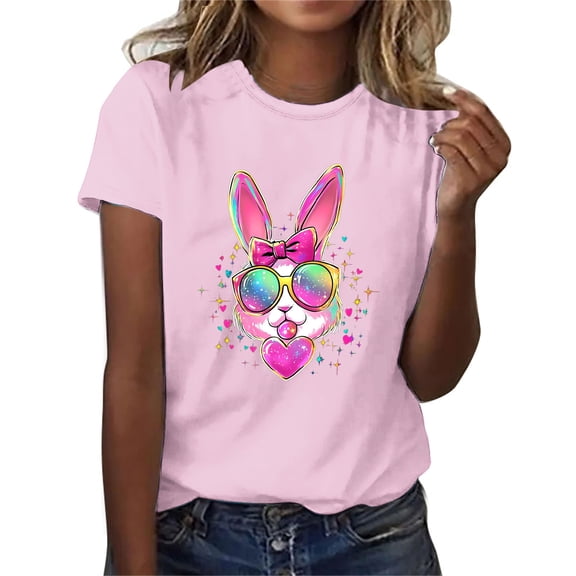 QUNYINEY Pullover Tee Shirts Womens Short Sleeve Easter Crew Neck Casual Tops Loose Funny Spring Tops for Women