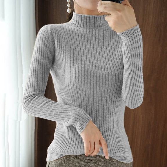 QUNYINEY Pullover Winter Sweaters for Women 2024 Gray Ribbed Knit Mock Neck Solid Tops Loose Long Sleeve Casual Sweaters