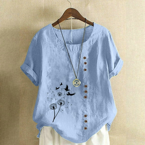 QUNYINEY Pullover Women Shirts Dandelion Casual Short Sleeve Crew Neck Tops Linen Loose Button Womens Tops