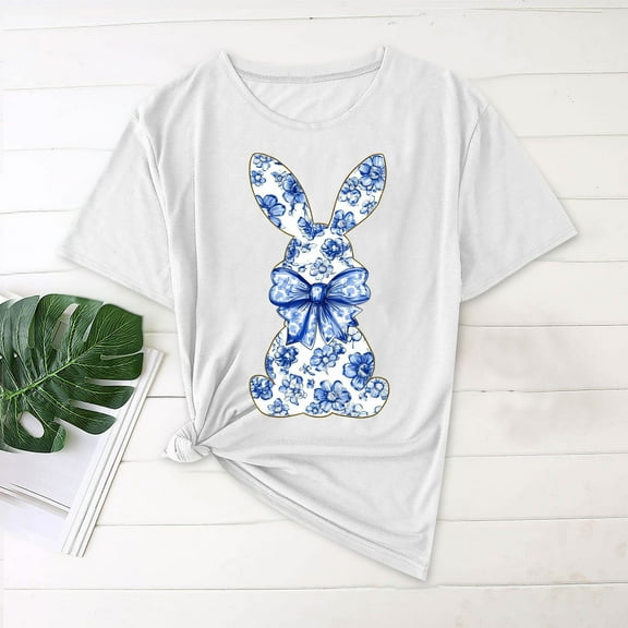 QUNYINEY Pullover Women Shirts Easter Crew Neck Short Sleeve Casual Tops Loose Womens Tops Trendy