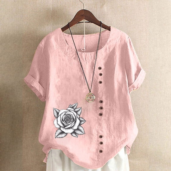 QUNYINEY Pullover Women Shirts Floral Casual Crew Neck Short Sleeve Tops Loose Linen Button Womens Summer Tops