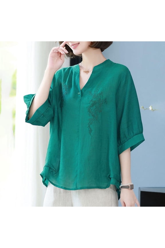 Pullover Women Shirts Vintage Embroidery Flower Casual V Neck Short Sleeve Tops Loose Linen Plus Size Spring Tops for Women