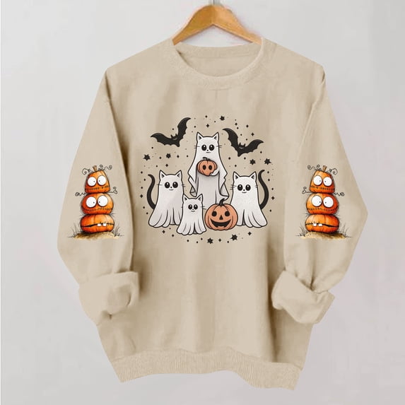 QUNYINEY Pullover Women Sweatshirt Halloween Pumpkin Cute Ghost Crew Neck Tops Long Sleeve Graphic Fall Loose Fit Sweatshirts
