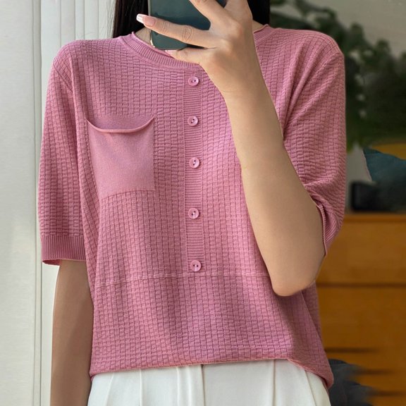 QUNYINEY Pullover Women Tops Crew Neck Casual Waffle Knit Short Sleeve Shirts Button Loose with Pocket Summer Shirts for Women