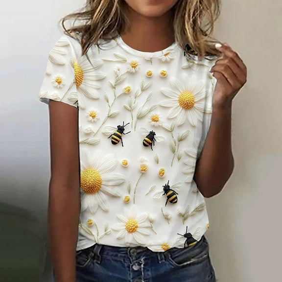 QUNYINEY Pullover Women's T-Shirts Casual Bee Crew Neck Short Sleeve Tops Loose Womens Tops