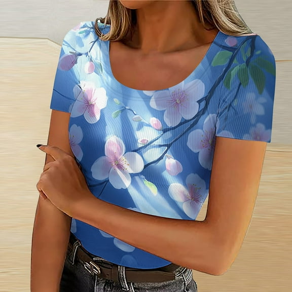 QUNYINEY Pullover Women's T-Shirts Crew Neck Casual Floral Short Sleeve Tops Ribbed Slim Women's Tops