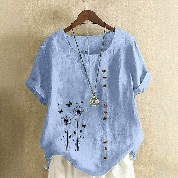 QUNYINEY Pullover Women's T-Shirts Crew Neck Dandelion Casual Short Sleeve Tops Linen Button Loose Women Tops