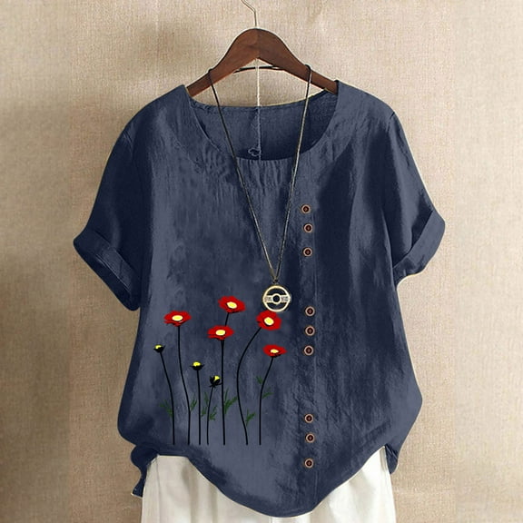 QUNYINEY Pullover Women's T-Shirts Crew Neck Short Sleeve Floral Casual Tops Loose Linen Button Women's Tops