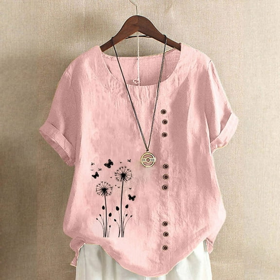 QUNYINEY Pullover Women's T-Shirts Short Sleeve Dandelion Casual Crew Neck Tops Button Linen Loose Women Tops