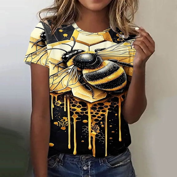 QUNYINEY Pullover Womens Shirts Bee Casual Short Sleeve Crew Neck Tops Loose Womens Tops