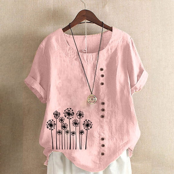 QUNYINEY Pullover Womens Shirts Casual Crew Neck Dandelion Short Sleeve Tops Button Loose Linen Spring Tops for Women
