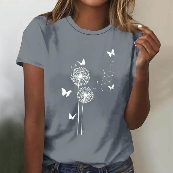 QUNYINEY Pullover Womens Shirts Casual Short Sleeve Dandelion Crew Neck Tops Loose Tops for Women