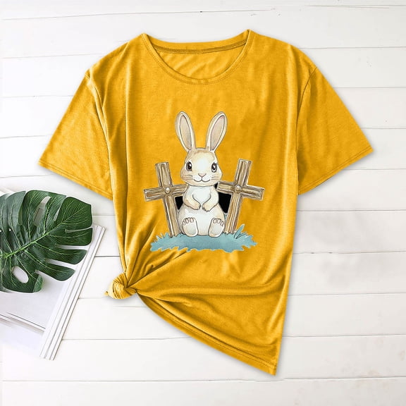 QUNYINEY Pullover Womens Shirts Crew Neck Short Sleeve Casual Easter Tops Loose Womens Summer Tops