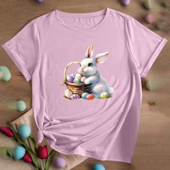 QUNYINEY Pullover Womens Shirts Easter Crew Neck Casual Short Sleeve Tops Loose Summer Tops for Women