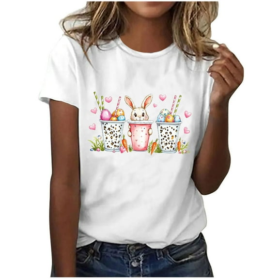 QUNYINEY Pullover Womens Shirts Short Sleeve Crew Neck Easter Casual Tops Loose Funny Spring Tops for Women