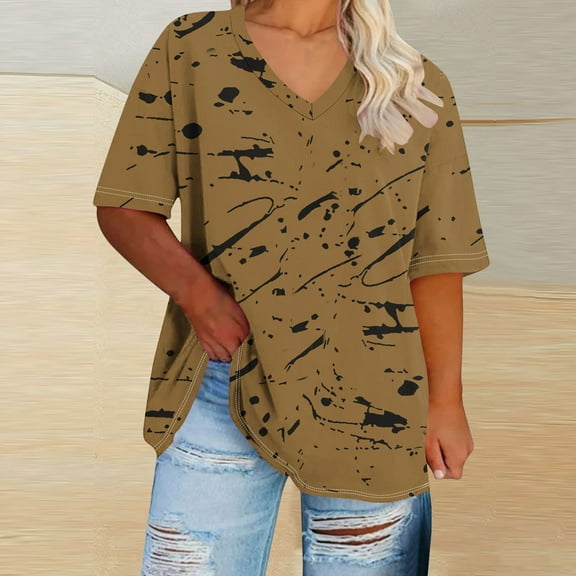 QUNYINEY Pullover Womens Shirts Tie Dye V Neck Casual Short Sleeve Tops Loose Plus Size Women Tops