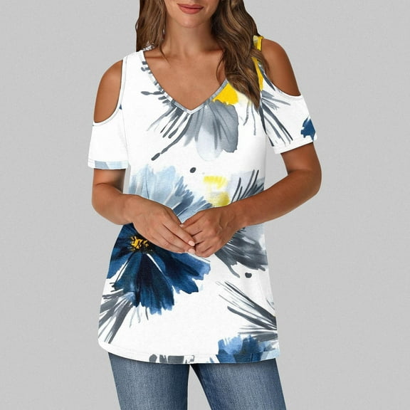 QUNYINEY Pullover Womens Summer Tops Cold Shoulder Casual V Neck Floral Shirts Short Sleeve Loose Shirts for Women Trendy