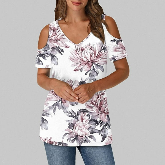 QUNYINEY Pullover Womens Summer Tops Floral Casual V Neck Cold Shoulder Shirts Loose Short Sleeve Women Shirts