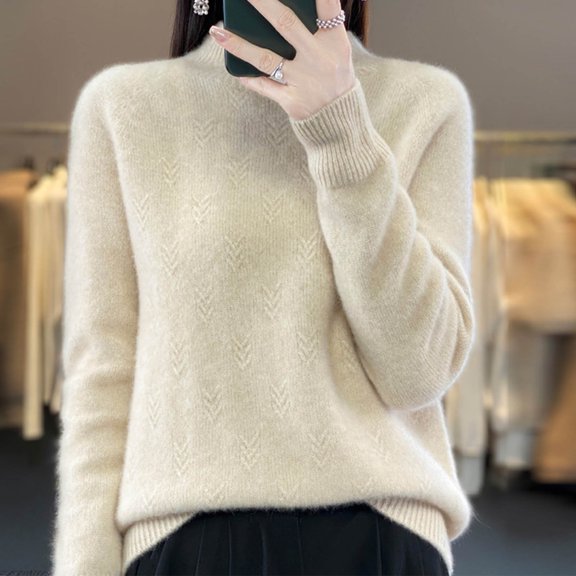 QUNYINEY Pullover Womens Sweater Solid Beige Fuzzy Knit Mock Neck Tops Long Sleeve Casual Loose Sweaters
