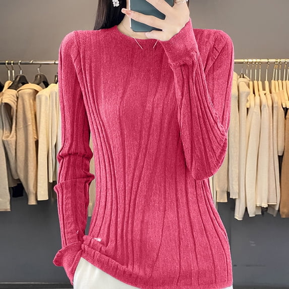 QUNYINEY Pullover Womens Sweaters Red Ribbed Knit Solid Crew Neck Tops Long Sleeve Slim Casual Sweaters