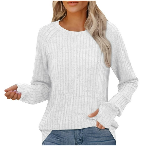 QUNYINEY Pullover Womens Sweaters Solid Ribbed Knit White Crew Neck Tops Lightweight Loose Casual Long Sleeve Sweaters