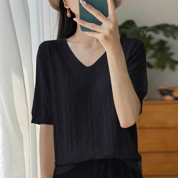 QUNYINEY Pullover Womens Tops Casual V Neck Short Sleeve Jacquard Shirts Knit Loose Women Shirts