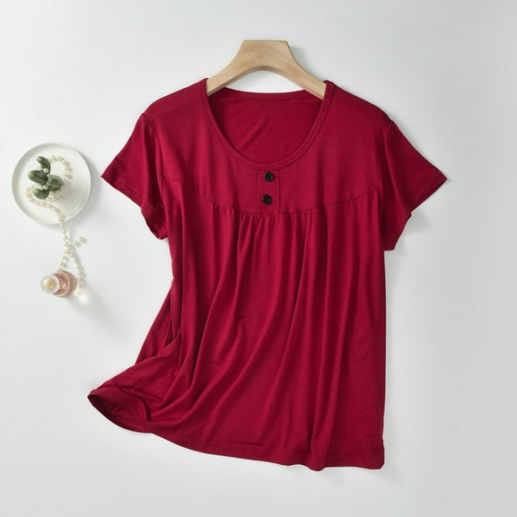 QUNYINEY Pullover Womens Tops Trendy Short Sleeve Casual Crew Neck Solid Shirts Loose Pleated Button Shirts for Women