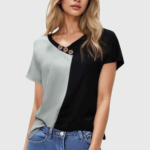 QUNYINEY Pullover Womens Tops Trendy V Neck Colorblock Short Sleeve Casual Shirts Button Loose Summer Shirts for Women