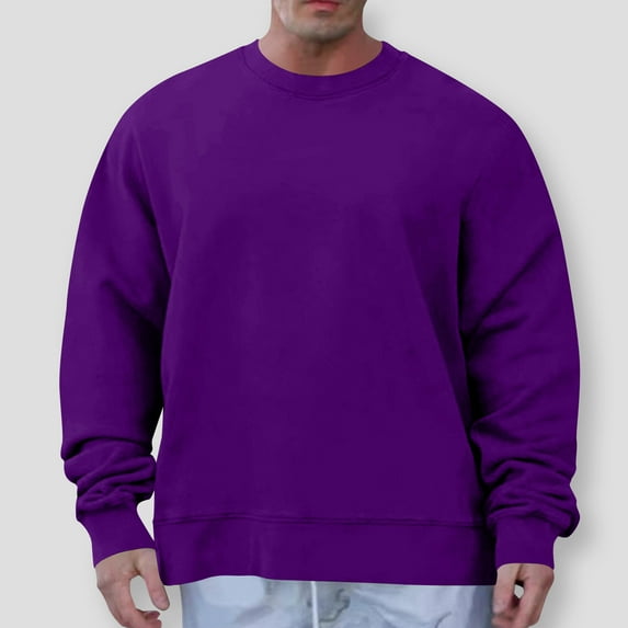 QUNYINEY Purple Mens Sweatshirt Solid Long Sleeve Crew Neck Casual Tops Drop Shoulder Pullover Loose Sweatshirt