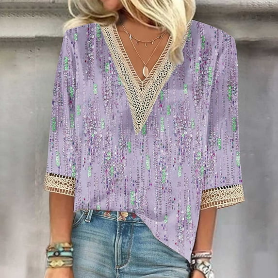 QUNYINEY Purple Tshirts Shirts for Women Casual 3/4 Sleeve V-Neck Floral Tops Lace Drop Shoulder Loose Pullover T-Shirts