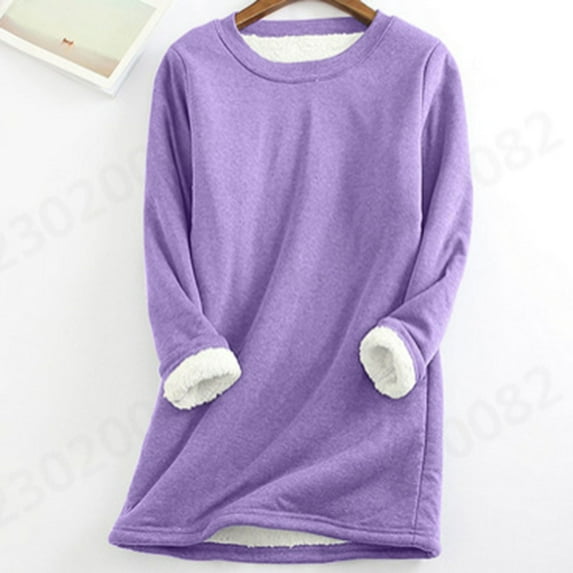QUNYINEY Purple Womens Shirts Solid Casual Crew Neck Long Sleeve Tops Loose Fleece Pullover Drop Shoulder Warm T-Shirts