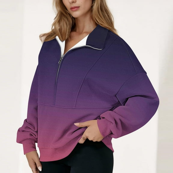 QUNYINEY Quarter Zip Sweatshirts for Women Loose Fit Gradient Shirts Pullover Collared Long Sleeve Tops for Women