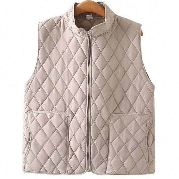 QUNYINEY Quilted Puffer Vest for Women Full Zip Beige Gilet Stand Collar Winter Sleeveless with Pockets Loose Fit Jackets for Women Trendy