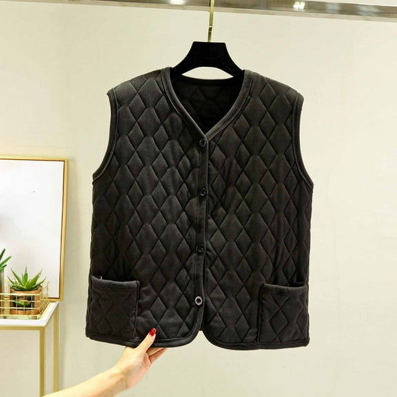 QUNYINEY Quilted Vests for Women Light Black Gilet Loose Fit V Neck Button with Pockets Sleeveless Jacket for Women