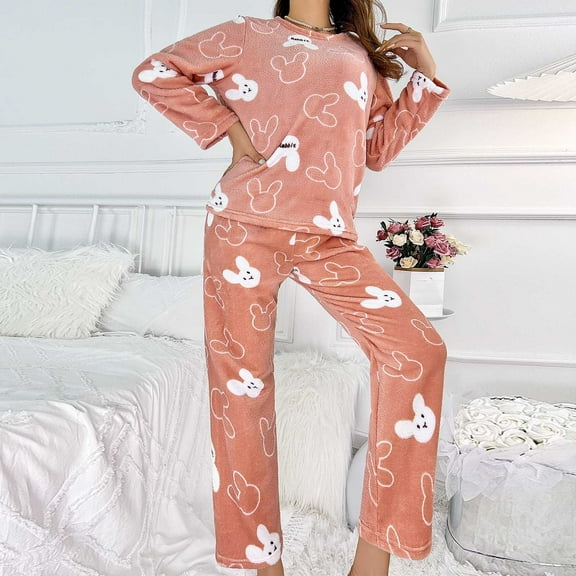 QUNYINEY Rabbit Women's Pajama Sets 2 Piece Flannel Cute Nightwear and Pants Crew Neck Warm Loose Fit Long Sleeve Womens Matching Sets