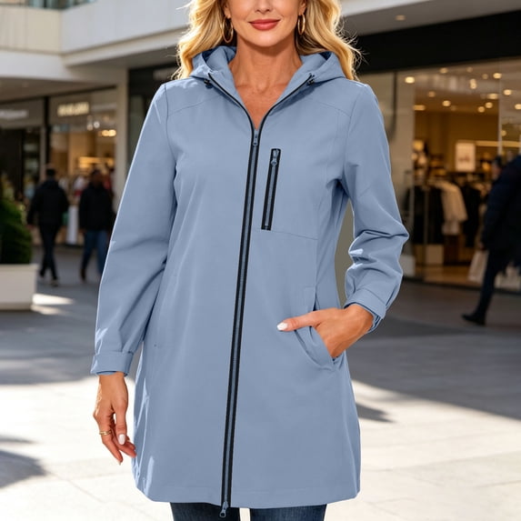 QUNYINEY Rain Jackets for Women Winter Waterproof Lightweight Zip up Hooded Raincoat Windbreaker Long Sleeve Solid Color Women's Coats