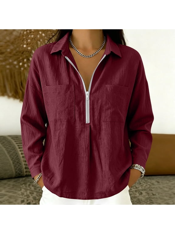 Red Going Out Tops for Women Casual Long Sleeve Half Zip Shirts Work Collared with Pocket Loose Fit Pullover Blouses for Women S-2XL