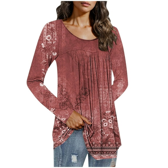 QUNYINEY Red Shirts for Women Long Sleeve Crew Neck Floral Casual Tops Loose Drop Shoulder Pullover Pleated T-Shirts Tops for Women
