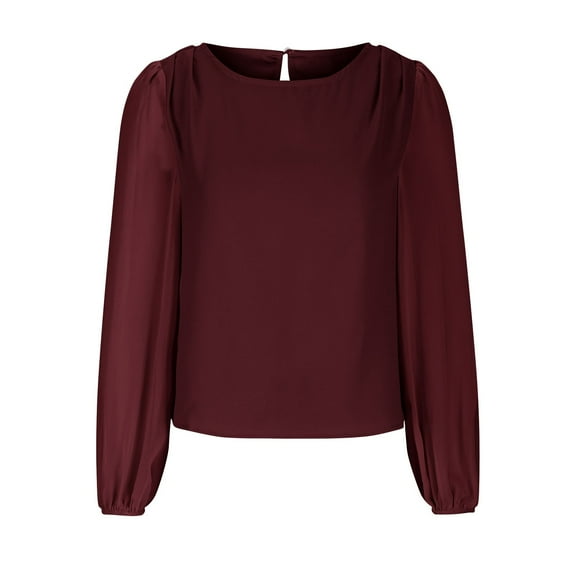 QUNYINEY Red Shirts for Women Trendy Long Sleeve Crew Neck Solid Casual Tops Drop Shoulder Loose Pullover T-Shirts