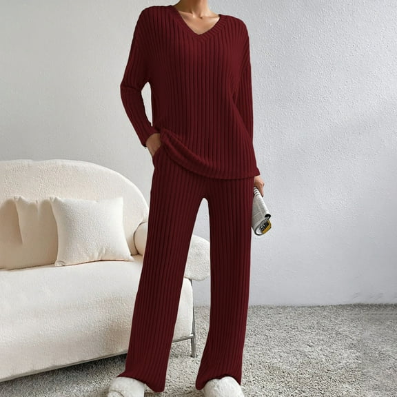 QUNYINEY Red Woman Pajama Set Long Sleeve Soft Ribbed Knit Shirts and Pants V Neck with Pocket Loose Fit 2 Piece Outfits for Women