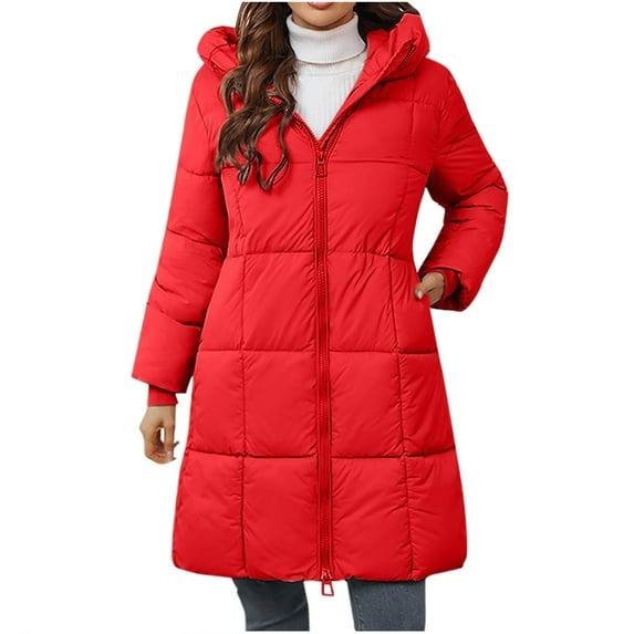 QUNYINEY Red Women Coats Casual Puffer Zip Up Solid Mid Weight Coats Windproof Loose Warm Mid-Length Long Sleeve Hooded Coats